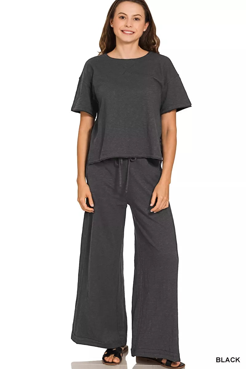 Black Zenana cotton slub short sleeve tee and pants set, casual loungewear with comfortable, relaxed fit for everyday wear.