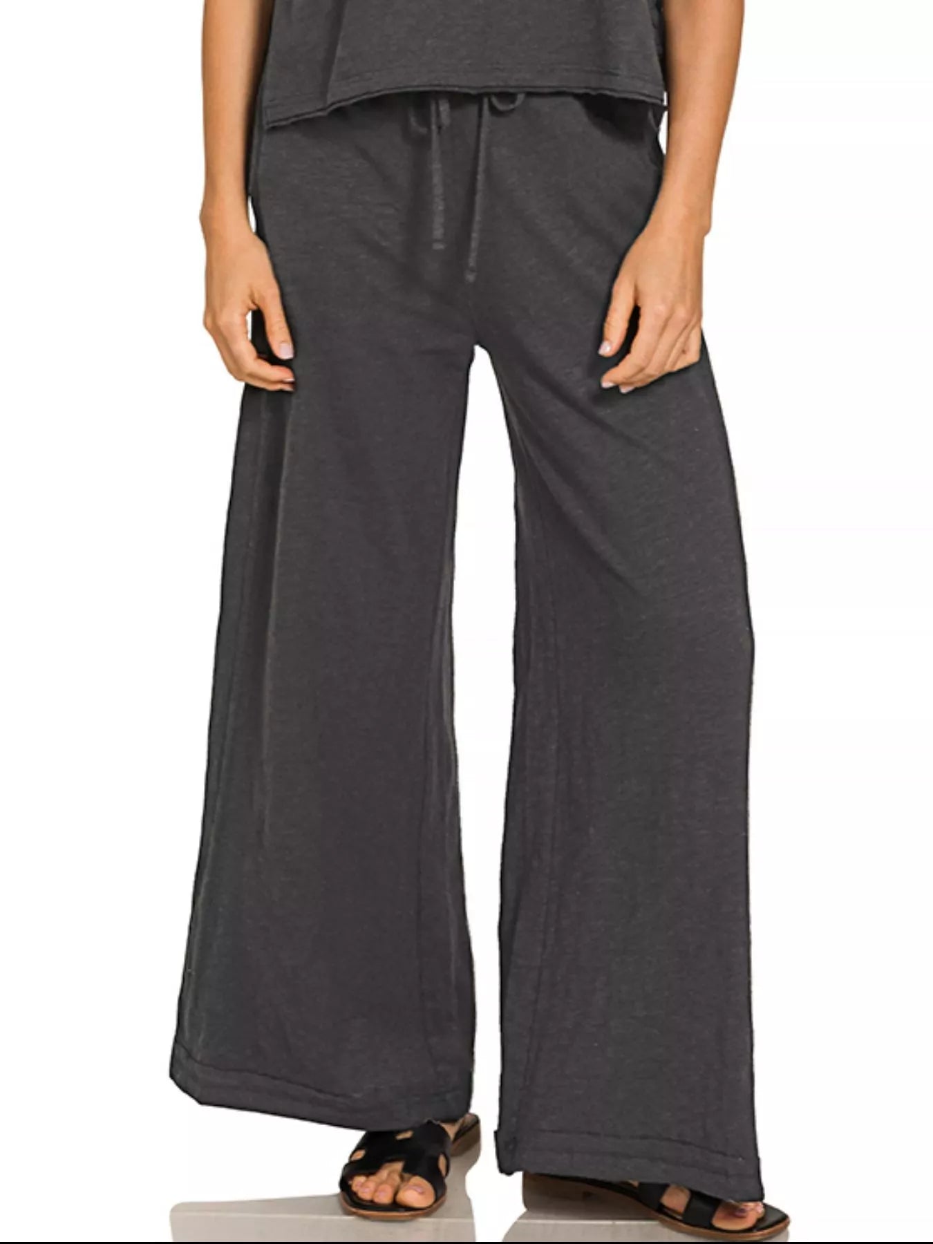 Black Zenana cotton slub short sleeve tee and matching pants set, casual loungewear, soft and comfortable for everyday wear.
