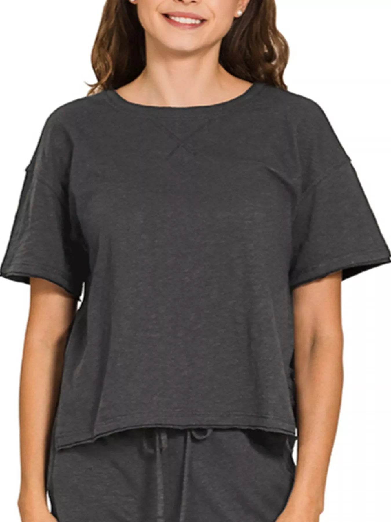 Black Zenana cotton slub short sleeve tee and matching pants set, casual loungewear or sleepwear from Trendsi.