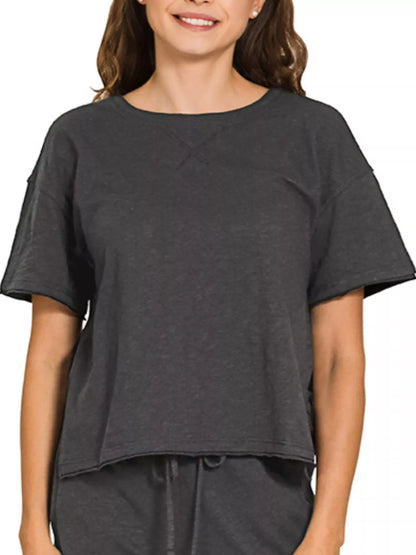 Black Zenana cotton slub short sleeve tee and matching pants set, casual loungewear or sleepwear from Trendsi.