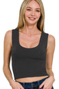 Black Zenana double layered cropped tank top with thin straps, perfect for casual wear and layered outfits.