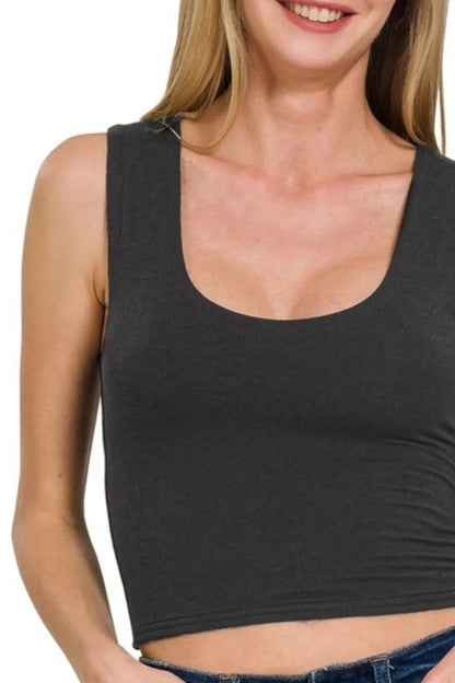 Black Zenana double layered cropped tank top with thin straps, styled for a casual summer look.