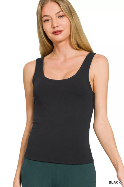 Black Zenana double-layered double scoop tank top with a relaxed fit, featuring a layered design and sleeveless style.