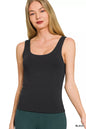 Black Zenana double-layered double scoop tank top with a relaxed fit, featuring a layered design and sleeveless style.