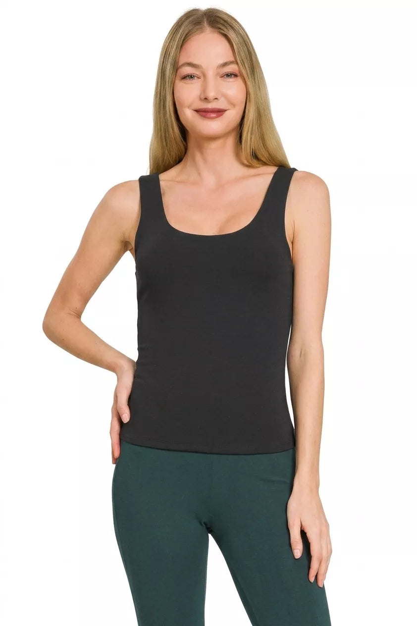 Black Zenana double layered double scoop tank top with thin straps, shown on a mannequin. Trendy sleeveless layering top.