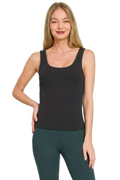 Black Zenana double layered double scoop tank top with thin straps, shown on a mannequin. Trendy sleeveless layering top.