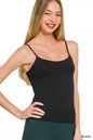 Black Zenana double-layered round neck spaghetti cami with thin straps, soft fabric, and layered detail.