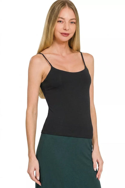 Black Zenana double-layered round neck spaghetti camisole with thin straps, versatile and stylish for casual wear.