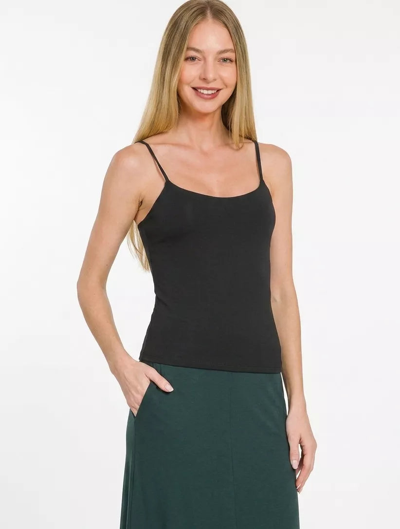 Black Zenana double-layered round neck spaghetti camisole with thin straps, casual and versatile for everyday wear.