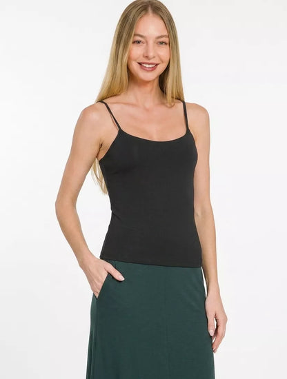 Black Zenana double-layered round neck spaghetti camisole with thin straps, casual and versatile for everyday wear.