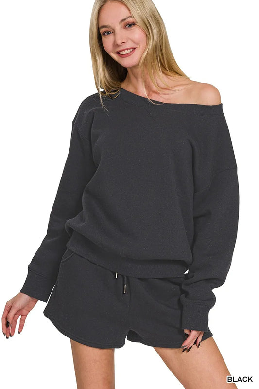 Black Zenana fleece sweatshirt and shorts set with boat neck design, casual loungewear from Trendsi.
