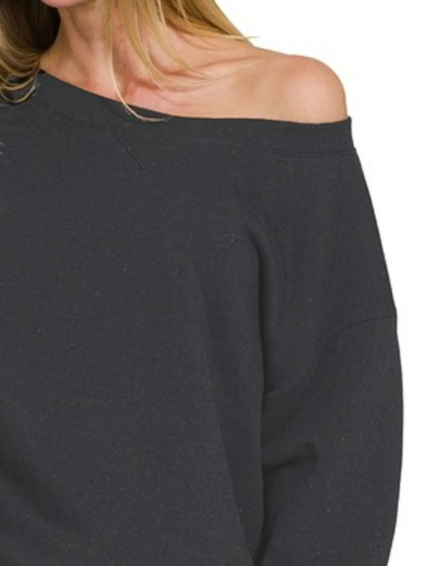 Black Zenana fleece boat neck sweatshirt and shorts set by Trendsi, featuring a cozy, casual loungewear look.