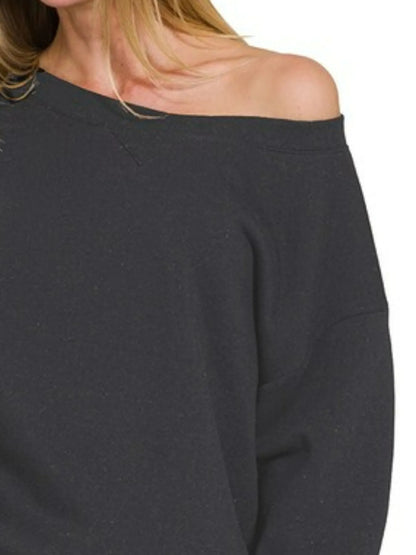Black Zenana fleece boat neck sweatshirt and shorts set by Trendsi, featuring a cozy, casual loungewear look.