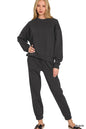 Black Zenana fleece long sleeve pullover and jogger set, cozy loungewear with ribbed cuffs and relaxed fit, casual and comfortable.