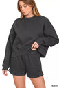 Black Zenana fleece sweatshirt and shorts set by Trendsi, featuring a round neck, cozy fabric, and casual loungewear style.