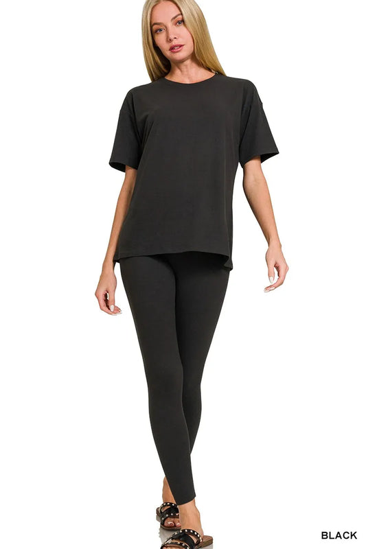 Black Zenana plus size microfiber loungewear set with short sleeve top and matching pants, comfortable and relaxed fit.