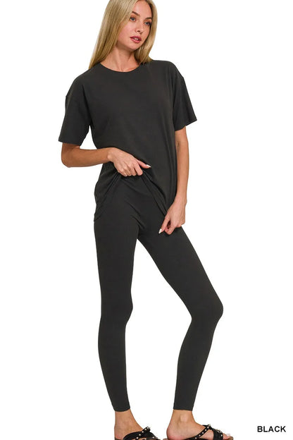 Black Zenana plus size microfiber loungewear set with short sleeve top and pants, soft and comfortable for relaxed wear.