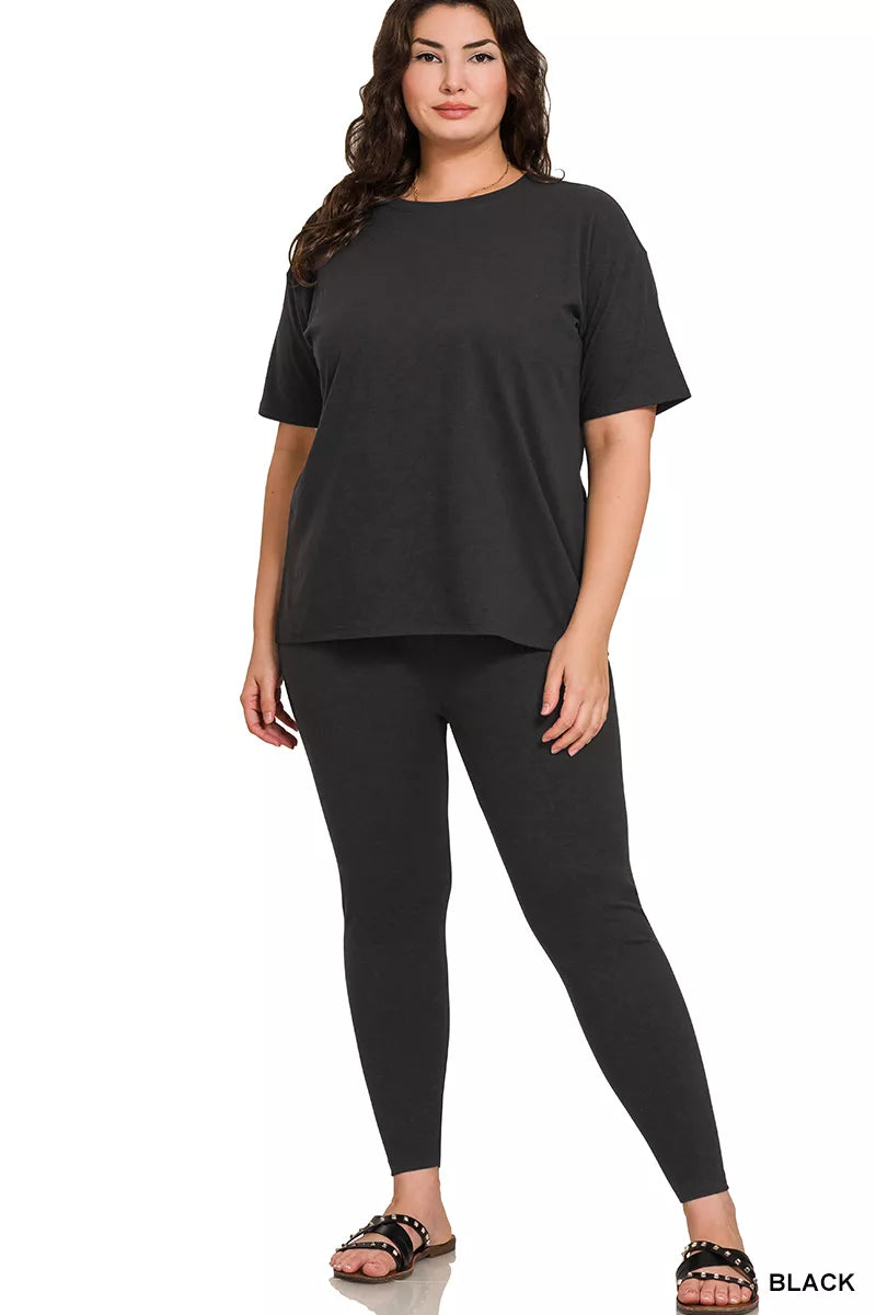 Black Zenana plus size microfiber loungewear set with short sleeve top and matching pants, soft and comfortable for relaxed wear.
