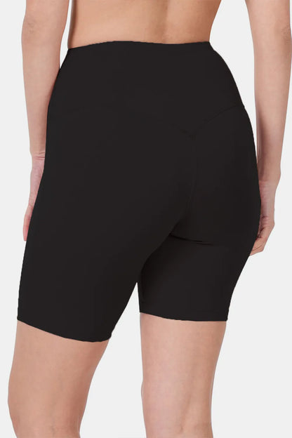 Black Zenana high waist active shorts by Trendsi, featuring a comfortable fit and stretchy fabric for workouts and casual wear.