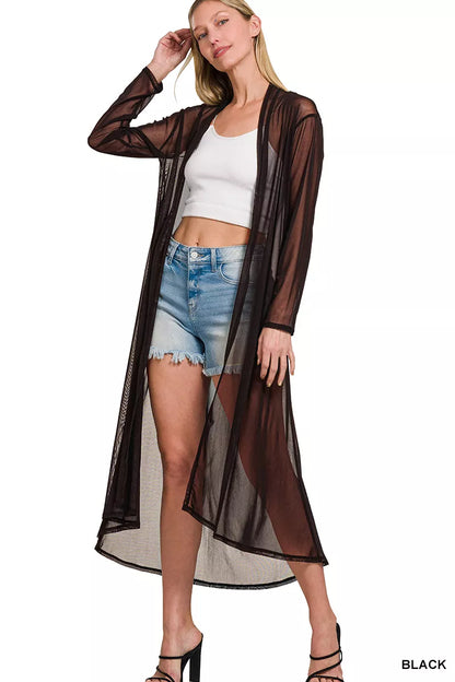 Black Zenana mesh open front cardigan with long sleeves, lightweight and stylish for casual or layered looks.