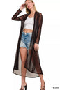 Black Zenana mesh open front cardigan with long sleeves, lightweight and stylish for casual or layered looks.