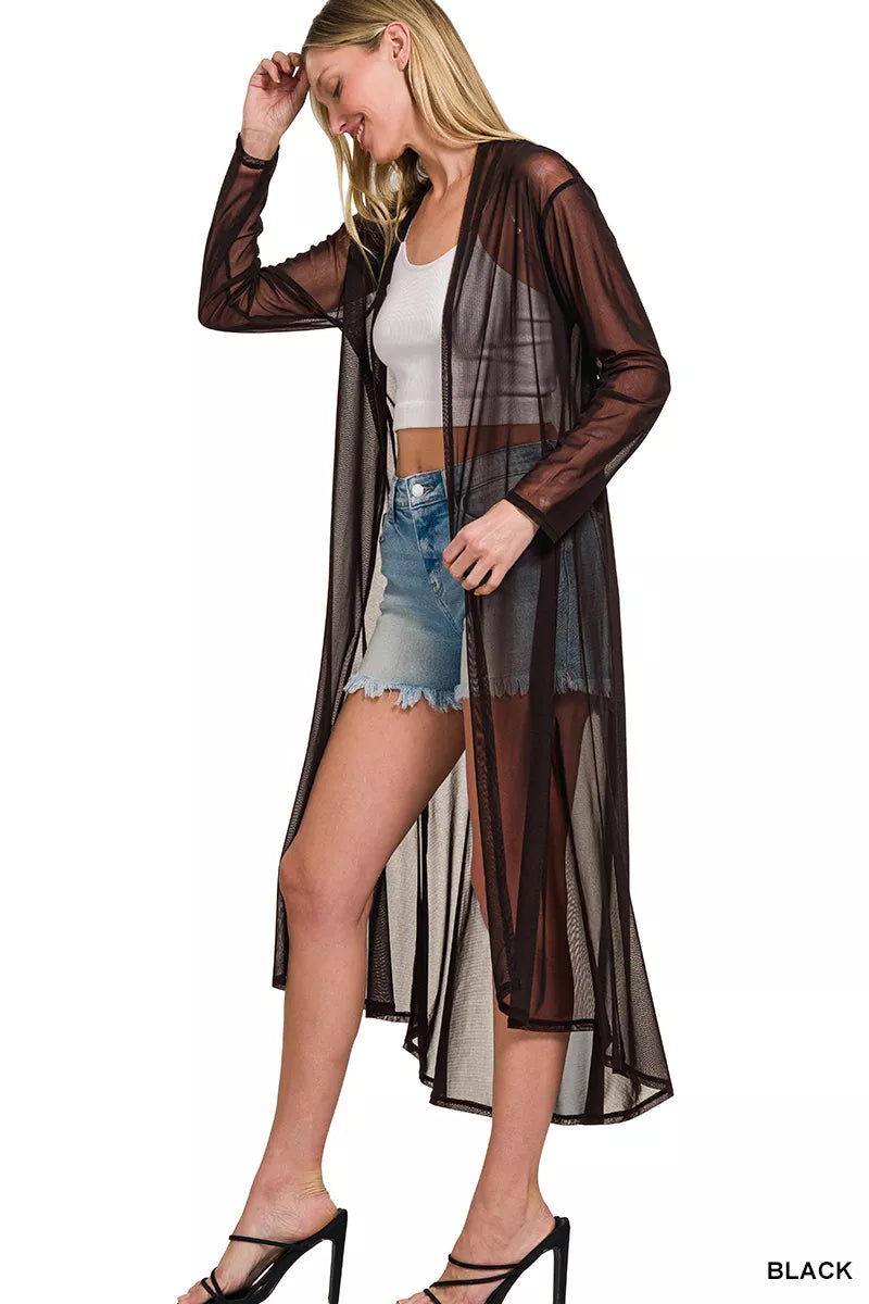 Black Zenana mesh open front cardigan featuring a lightweight, breathable design and a relaxed fit.