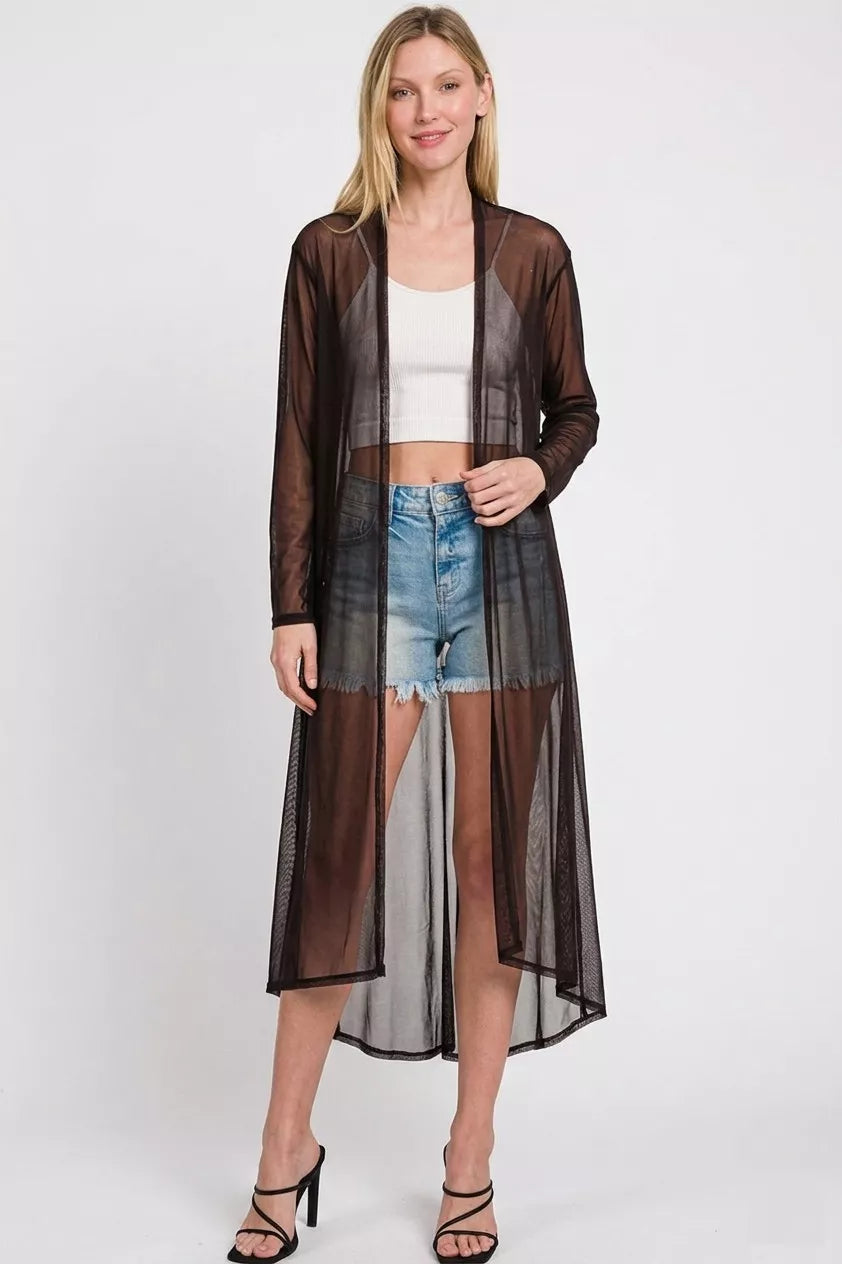 Black Zenana Mesh Open Front Cardigan by Trendsi, featuring a lightweight, breathable design with an open front and casual style.