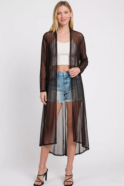Black Zenana Mesh Open Front Cardigan by Trendsi, featuring a lightweight, breathable design with an open front and casual style.