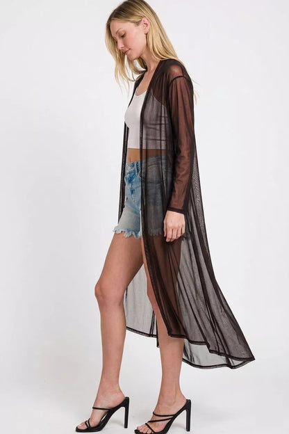 Black Zenana Mesh Open Front Cardigan with long sleeves, featuring a lightweight, breathable design.