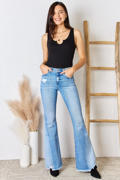 Black Zenana microfiber sleeveless bodysuit with notched neckline, stylish and fitted for a modern look.
