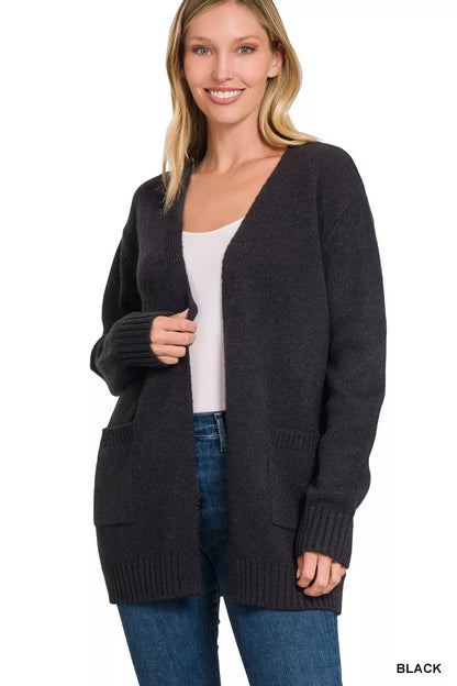 Black Zenana open front sweater cardigan with long sleeves and ribbed hem, styled on a hanger.