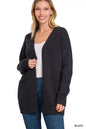 Black Zenana open front sweater cardigan with long sleeves and ribbed hem, styled on a hanger.