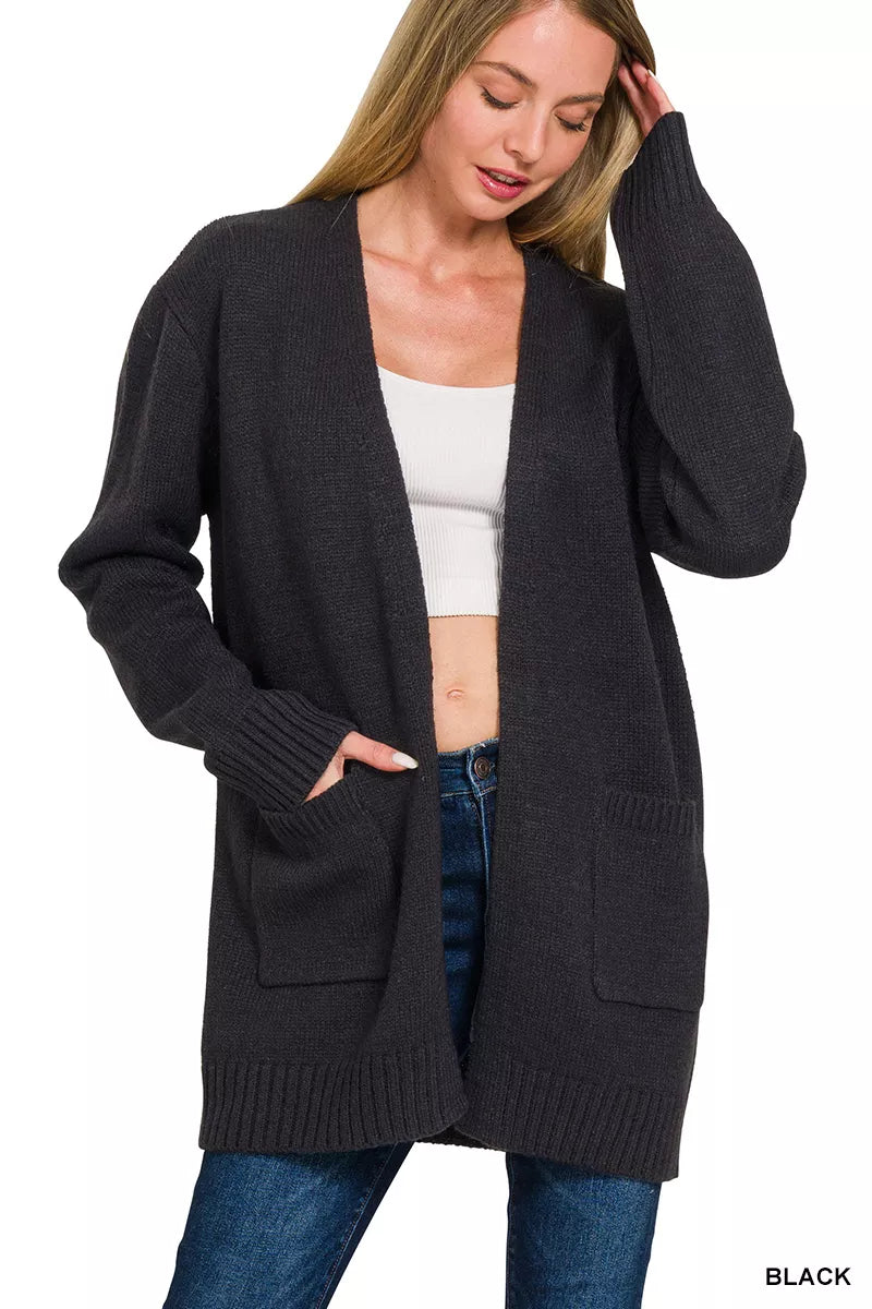 Black Zenana open front sweater cardigan with long sleeves and a relaxed fit, styled casually for cozy layering.