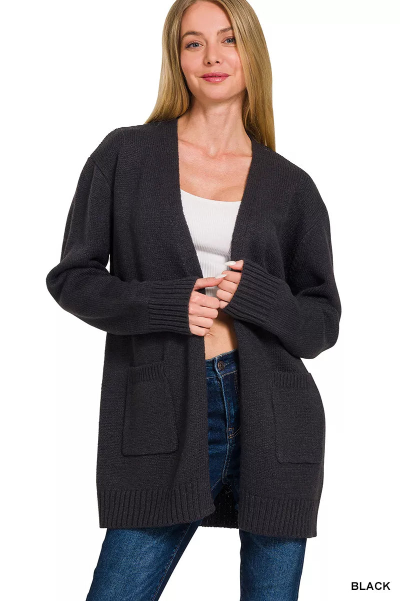 Black Zenana open front sweater cardigan with long sleeves and relaxed fit, casual layered look.
