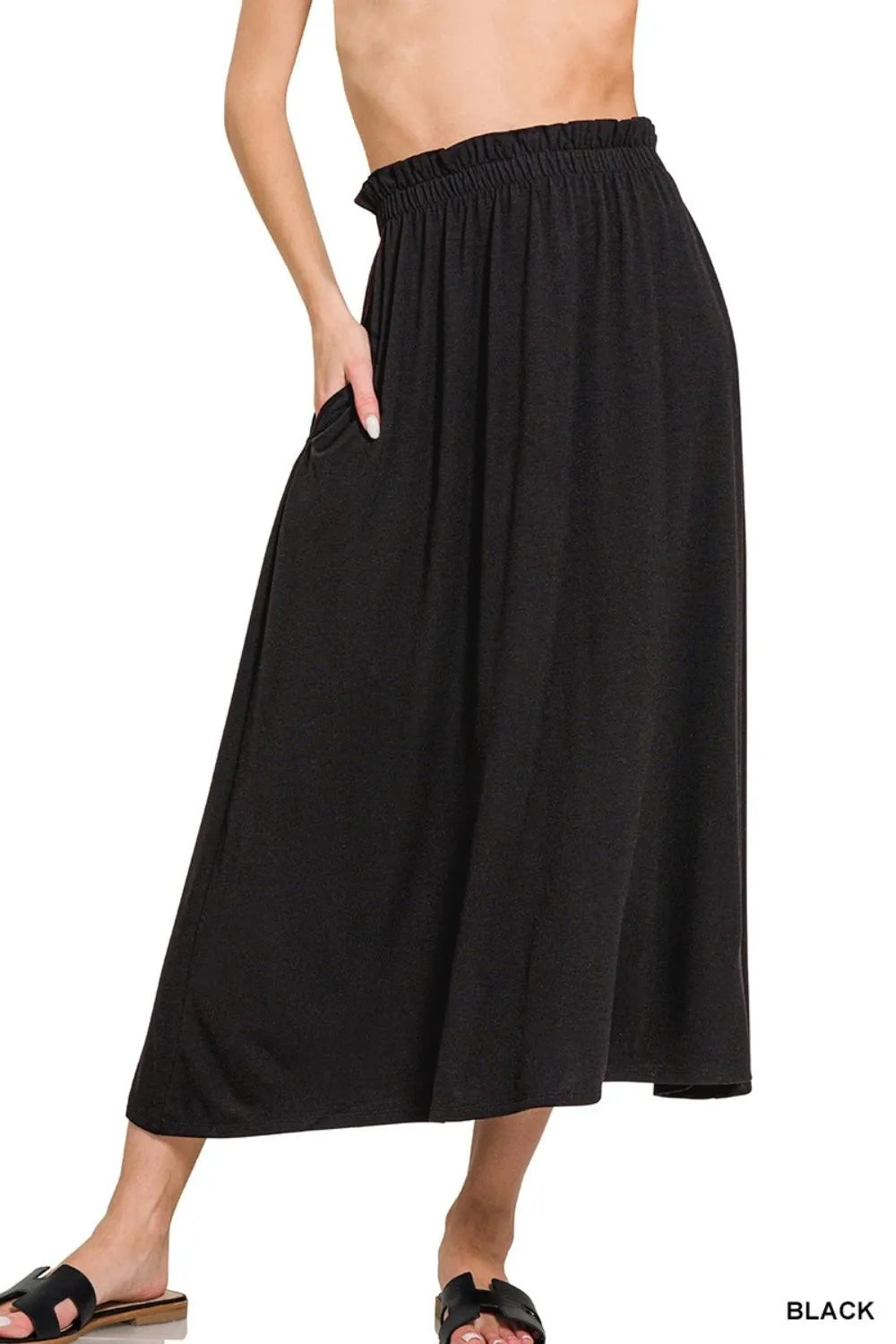 Black Zenana paperbag waist midi skirt with pockets, stylish and comfortable, featuring a flowy silhouette and functional side pockets.
