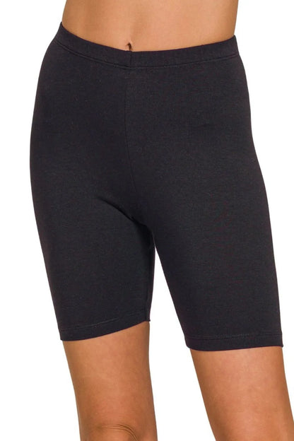 Black Zenana Premium Cotton Biker Shorts by Trendsi, shown on a model, featuring a close fit and comfortable elastic waistband.