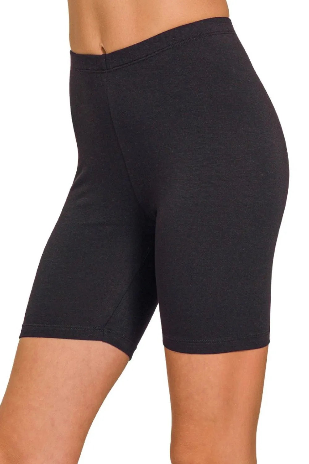 Black Zenana Premium Cotton Biker Shorts by Trendsi, featuring a comfortable high-rise fit and stretchy fabric for casual wear.