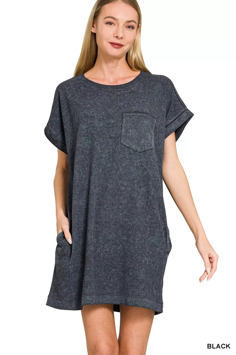 Black Zenana premium cotton washed T-shirt dress from Trendsi, featuring a casual, comfortable fit and short sleeves.