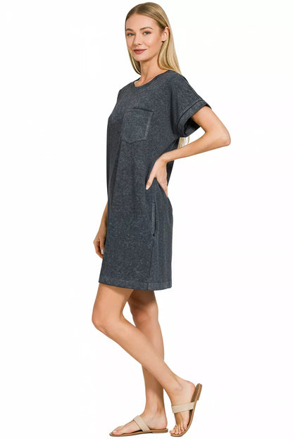 Black Zenana Premium Cotton Washed T-Shirt Dress displayed on a model, showcasing its casual fit and soft fabric.