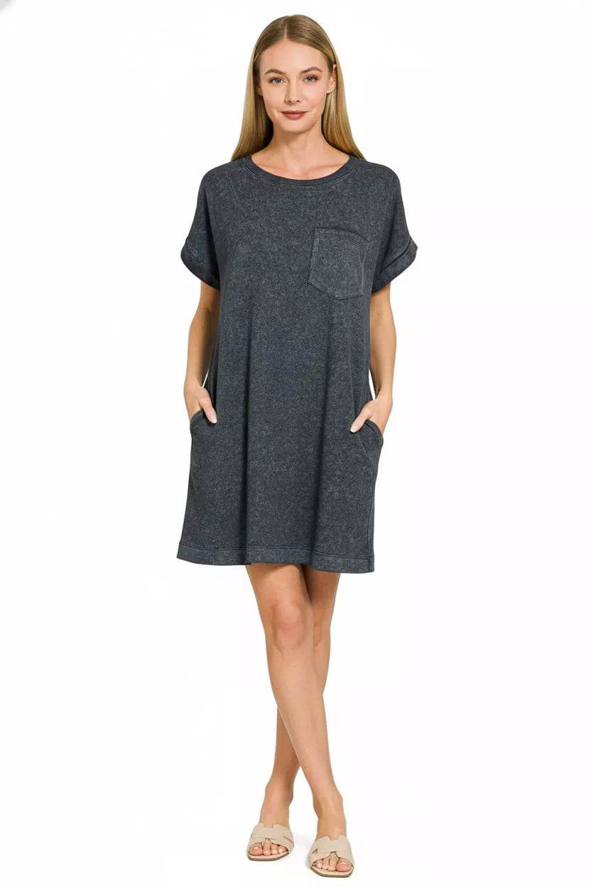 Black Zenana premium cotton washed T-shirt dress with short sleeves and relaxed fit, perfect for casual wear.