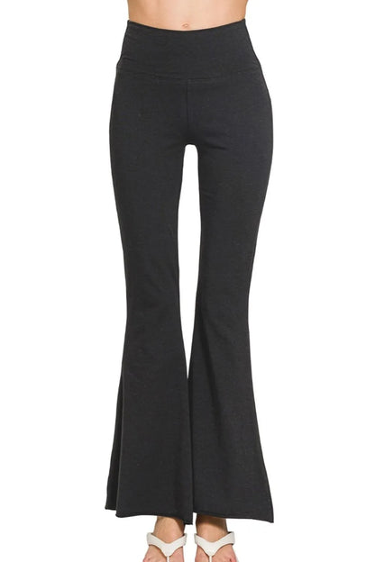 Black Zenana Raw Edge Hem Flare Yoga Pants with relaxed fit and stylish raw hem, perfect for comfortable activewear.