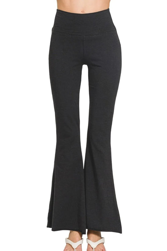 Black Zenana Raw Edge Hem Flare Yoga Pants with relaxed fit and stylish raw hem, perfect for comfortable activewear.