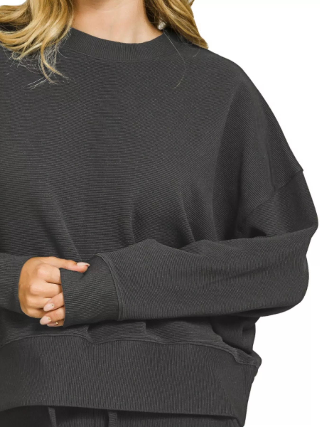 Black Zenana ribbed round neck pullover and shorts set, casual loungewear with comfortable fit and stylish ribbed texture.