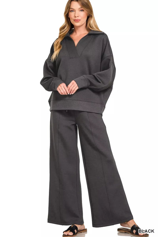Black Zenana scuba collared pullover with center seam pants set, stylish and comfortable for casual wear.