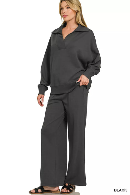 Black Zenana scuba collared pullover and center seam pants set, casual loungewear with a stylish, comfortable fit.