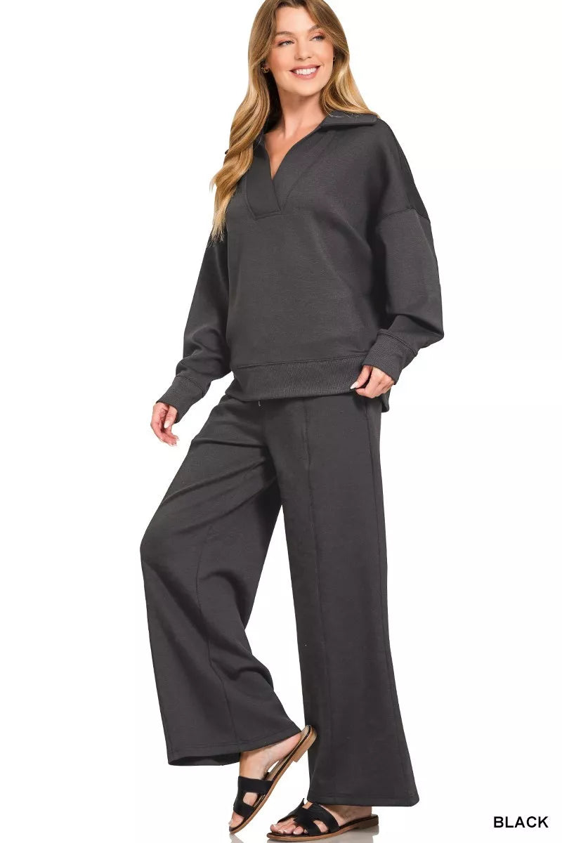 Black Zenana scuba collared pullover and center seam pants set, stylish loungewear outfit from Trendsi.