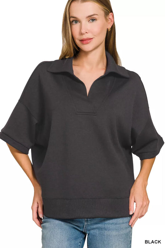 Black Zenana Scuba Collared Short Sleeve Pullover, trendy women's top with a sleek scuba fabric and collared design.