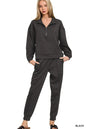 Black Zenana scuba half-zip sweatshirt and joggers set from Trendsi, featuring a comfortable fit and stylish casual design.
