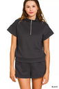 Black Zenana scuba high neck half zip top with matching dolphin shorts set, stylish activewear by Trendsi.