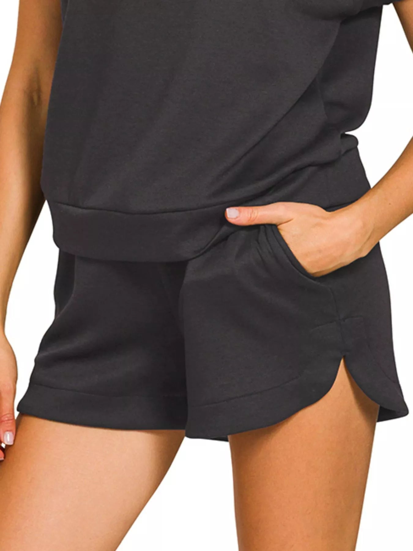 Black Zenana scuba high-neck half-zip top with matching dolphin shorts set, casual athletic wear for women.